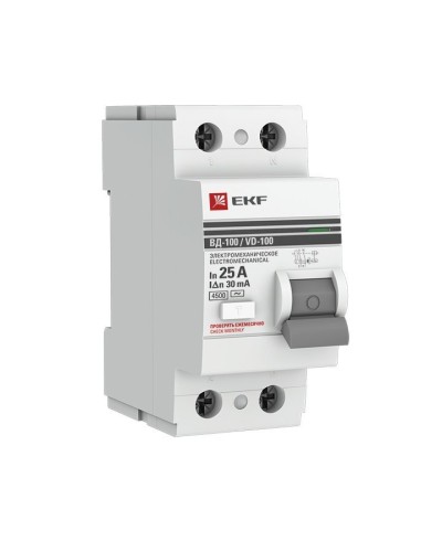 УЗО ВД-100 2P 25А 30мА тип AC эл-мех  PROxima (elcb-2-25-30-em-pro). Выключатель дифференциального тока (УЗО). EKF в Пскове