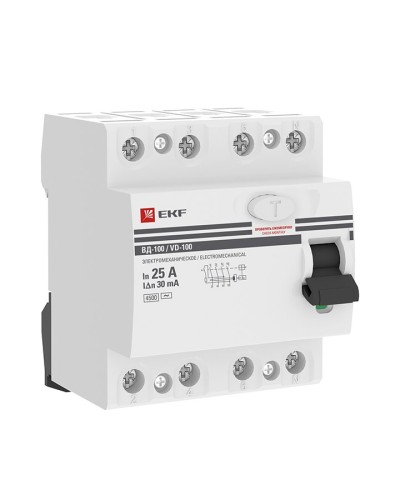 УЗО ВД-100 4P 25А 30мА тип AC эл-мех  PROxima (elcb-4-25-30-em-pro). Выключатель дифференциального тока (УЗО). EKF в Пскове