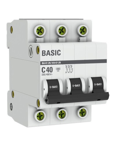 Автоматический выключатель 3P 40А (C) 4,5кА ВА 47-29 Basic (mcb4729-3-40C). Автоматический выключатель. EKF в Пскове