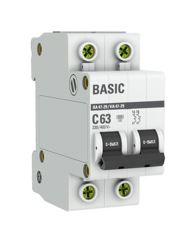 Автоматический выключатель 2P 63А (C) 4,5кА ВА 47-29 Basic (mcb4729-2-63C). Автоматический выключатель. EKF в Пскове