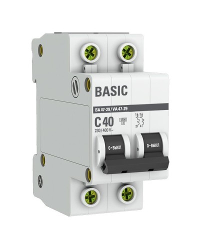 Автоматический выключатель 2P 40А (C) 4,5кА ВА 47-29 Basic (mcb4729-2-40C). Автоматический выключатель. EKF в Пскове