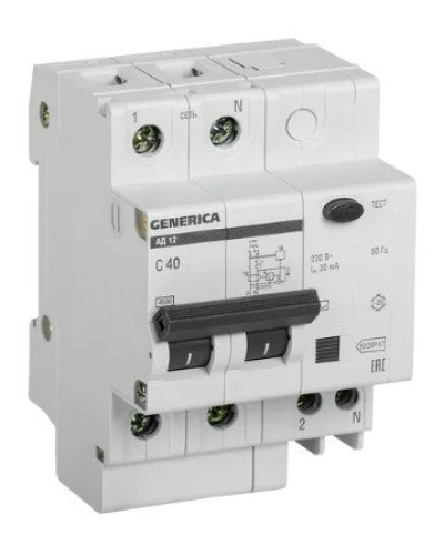 GENERICA АД12 2Р 40А 30мА (MAD15-2-040-C-030). Автоматический выключатель дифференциального тока. IEK в Пскове