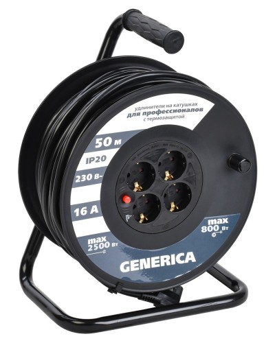 УК50 4 места 2P+PE, 50м GENERICA (WKP20-16-04-50-G). Удлинитель на катушке с термозащитой, 3х1,5кв.мм. IEK в Пскове