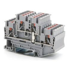 Клемма двухуровневая, зажим push-in, 2.5 кв.мм, серая (VPRTT-2.5-PV-GY). Клемма проходная, 4 точки подключения, уровни соединены перемычкой. ДКС