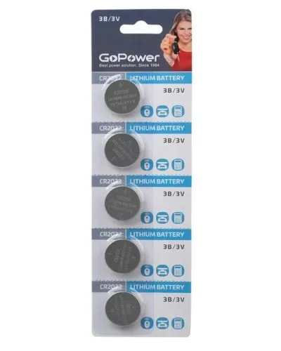 CR2032 GoPower, упак. 5 шт., БЛИСТЕР. Литиевый элемент питания. GoPower в Пскове
